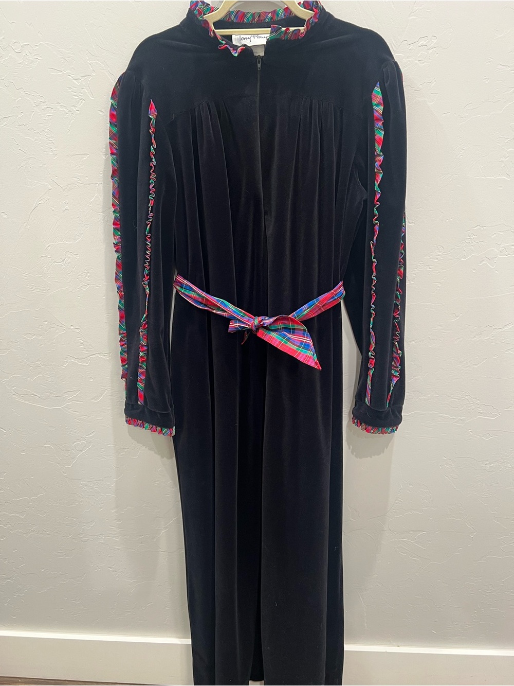 Vintage 80s TONY KRUPA Black Velour Tartan Zip Robe Maxi Holiday Ribbon Trim L